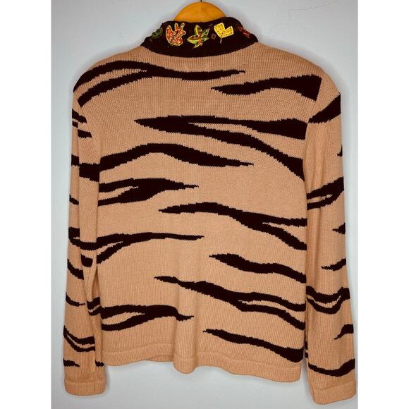 Berek Tiger Striped Embroidered Cardigan Knit Sweater size M Tan/Black Vintage - Picture 10 of 11